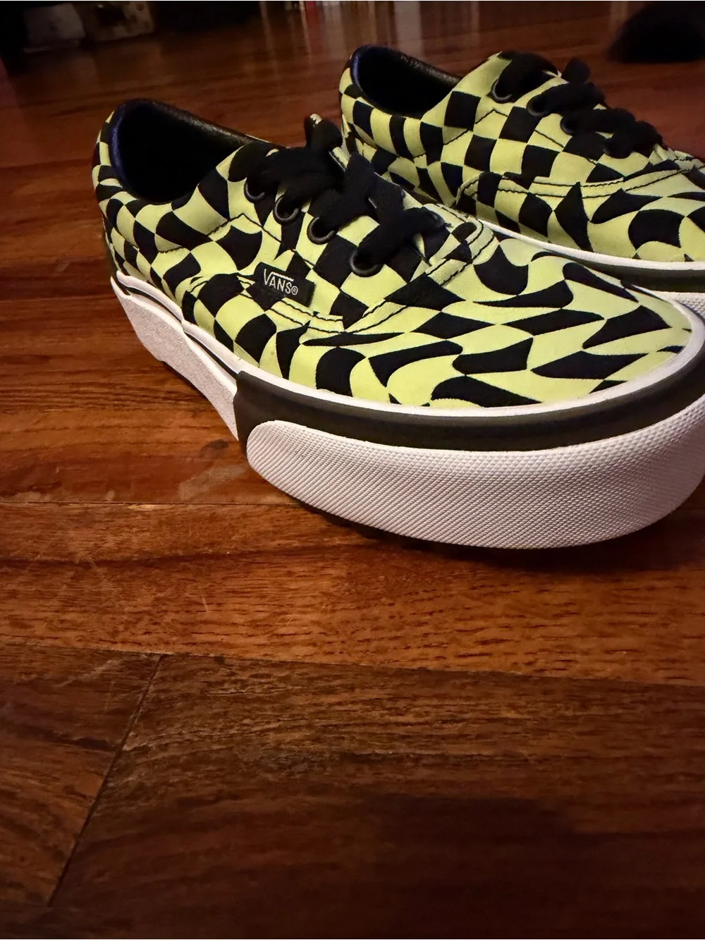 Vans Platform Sneakers in Neon Yellow & Black Checker Wave- Glow in the Dark
